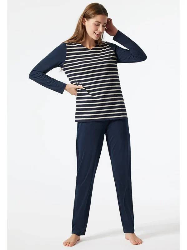 Schiesser Pyjama In Dunkelblau/ Creme 4