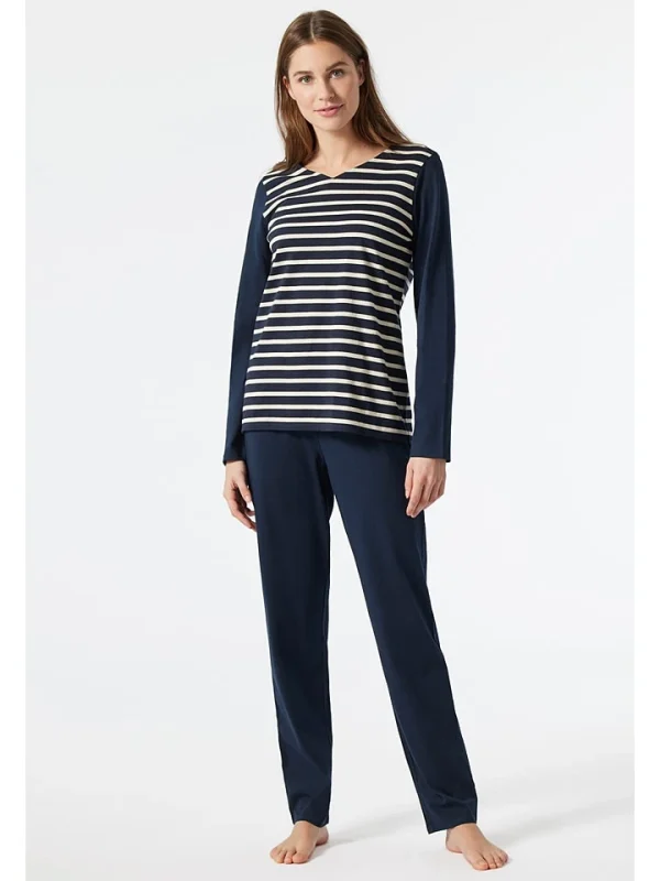 Schiesser Pyjama In Dunkelblau/ Creme 1